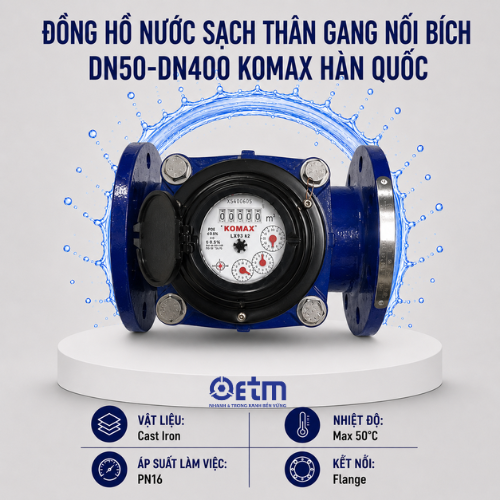 Đồng hồ nước SẠCH thân GANG nối bích DN50-DN400 Komax Hàn Quốc